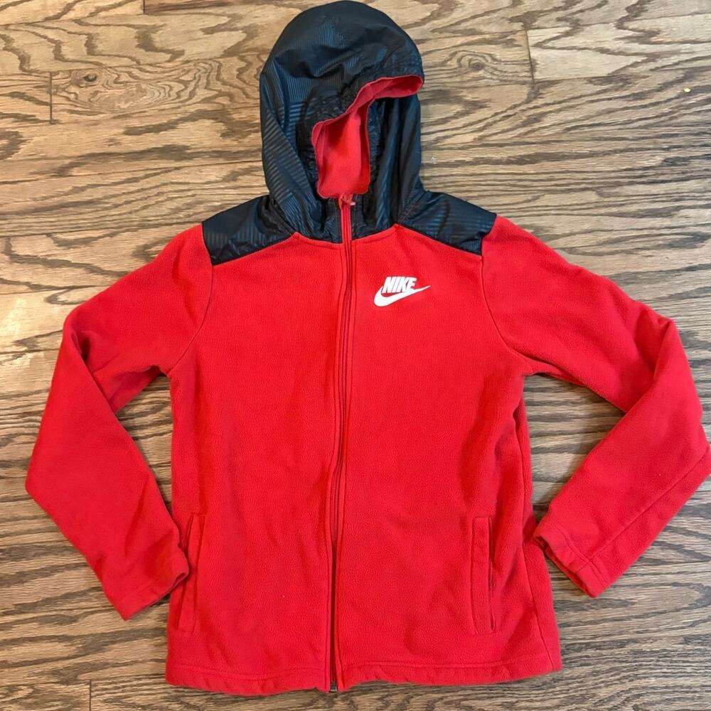 Nike Youth XL Red Fleece Jacket Full Zip Hooded Swoosh Logo Kids EUC